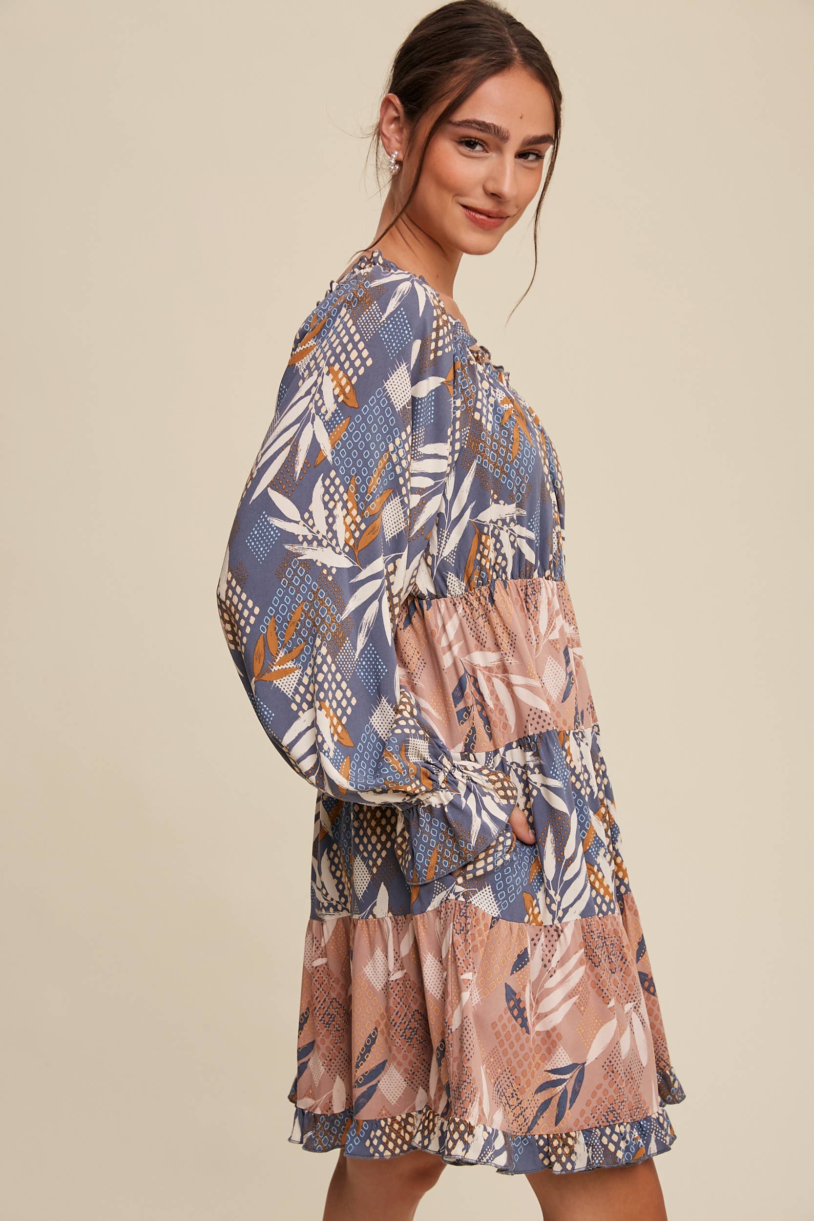 Listicle - Wholesale Dress - Women's - Patchwork Puff-Sleeve Tiered Mini Dress20