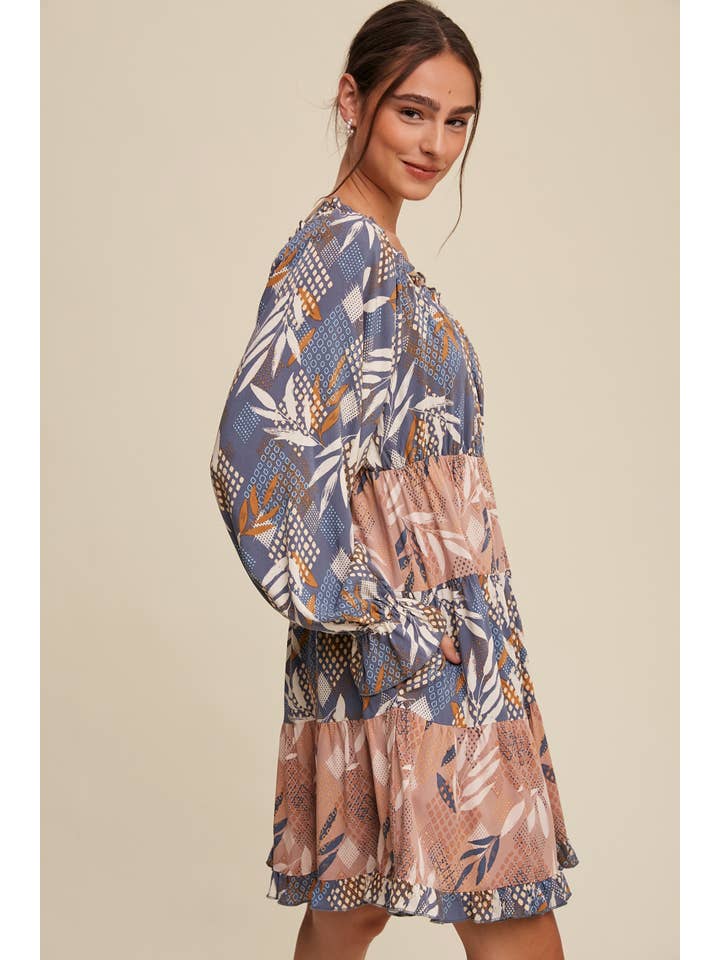 Listicle - Wholesale Dress - Women's - Patchwork Puff-Sleeve Tiered Mini Dress20