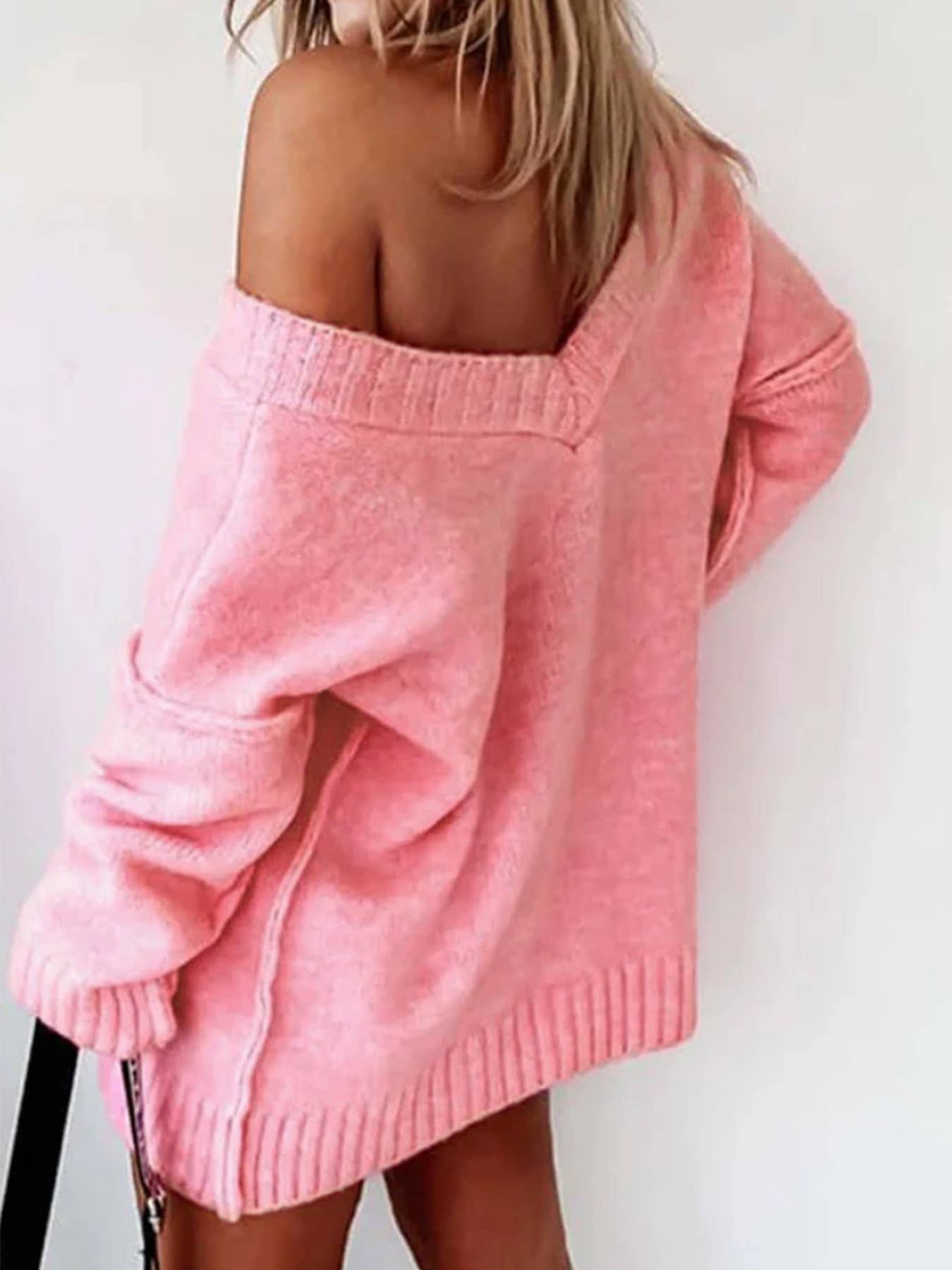 Pink Relaxed V-Neck Off-Shoulder Knit Sweater for wholesale on Faire0