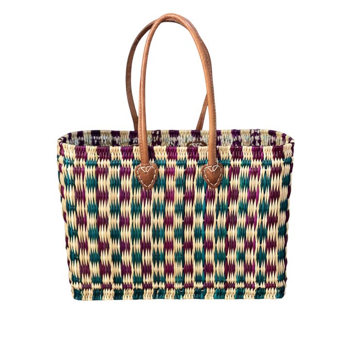 HandHappiness – Großhandel Lebensmittel-/Einkaufstasche – Handgefertigter gewebter Einkaufskorb aus Binsen - Grün & Lila - 33