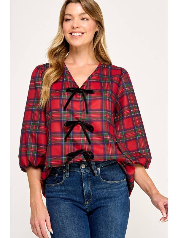 MintChoco - Wholesale Screen Printed T-Shirt - Women's - Plaid Holiday tie front blouse