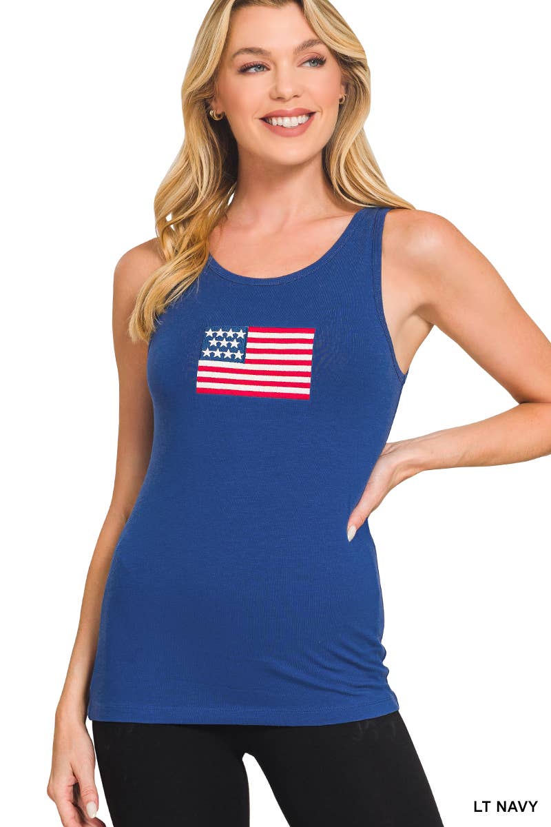 42POPS - Wholesale Tank Top - Women's - 0224 Double Scoop American Flag Embroidered Tank Top SI-291332