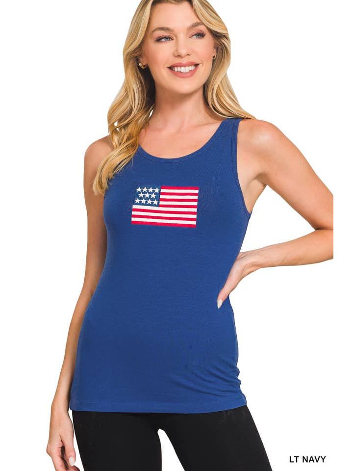 42POPS - Wholesale Tank Top - Women's - 0224 Double Scoop American Flag Embroidered Tank Top SI-291332