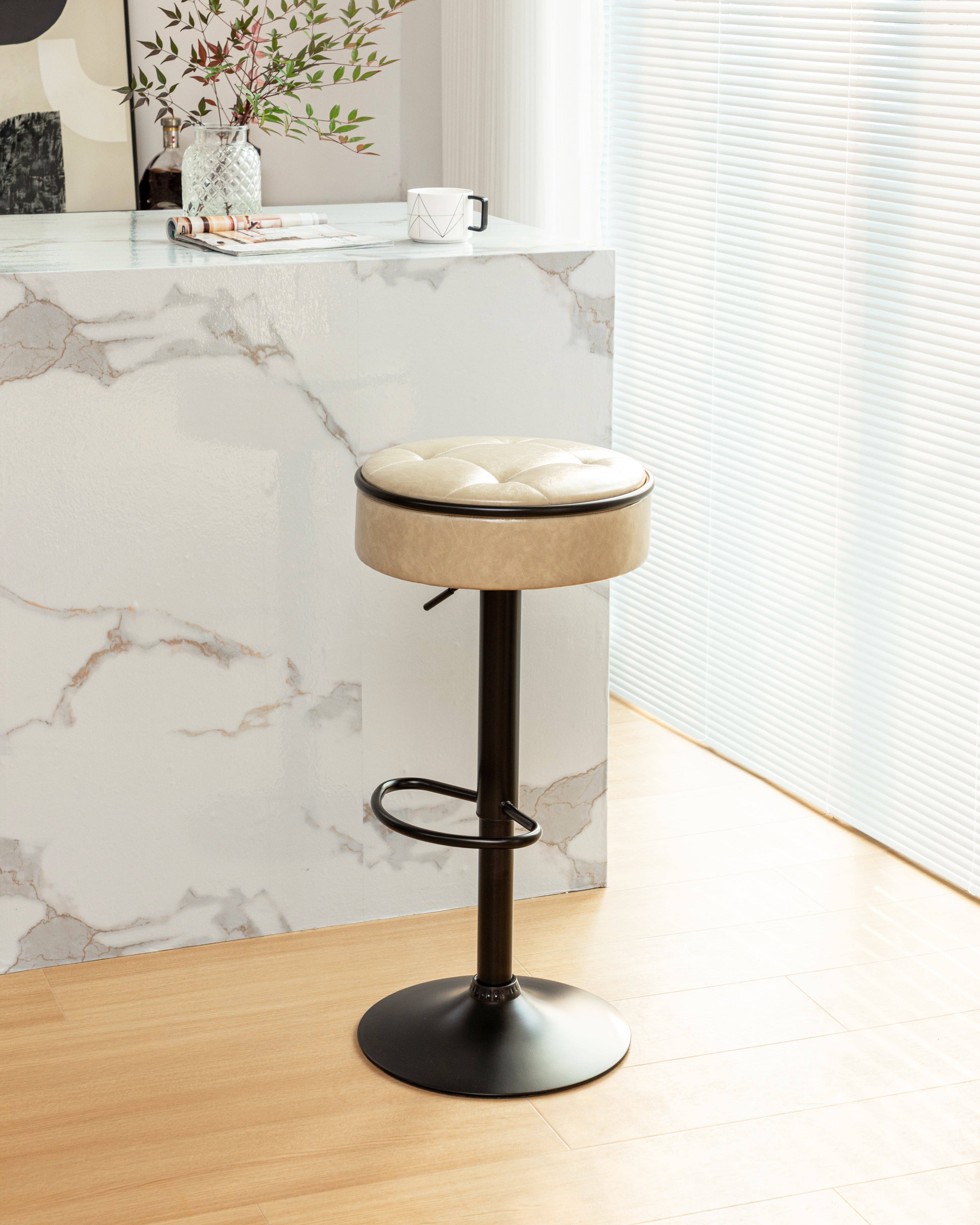 Orange County Decor - Wholesale Stool - Round Storage Bar Stool Set Of 2, Khaki Faux Leather Height Adjustable Barstool, 360 Counter Height Swivel Stool, Armless Bar Chair With Metal Frame For Kitchen Counter Dining Living Room Khaki Set17