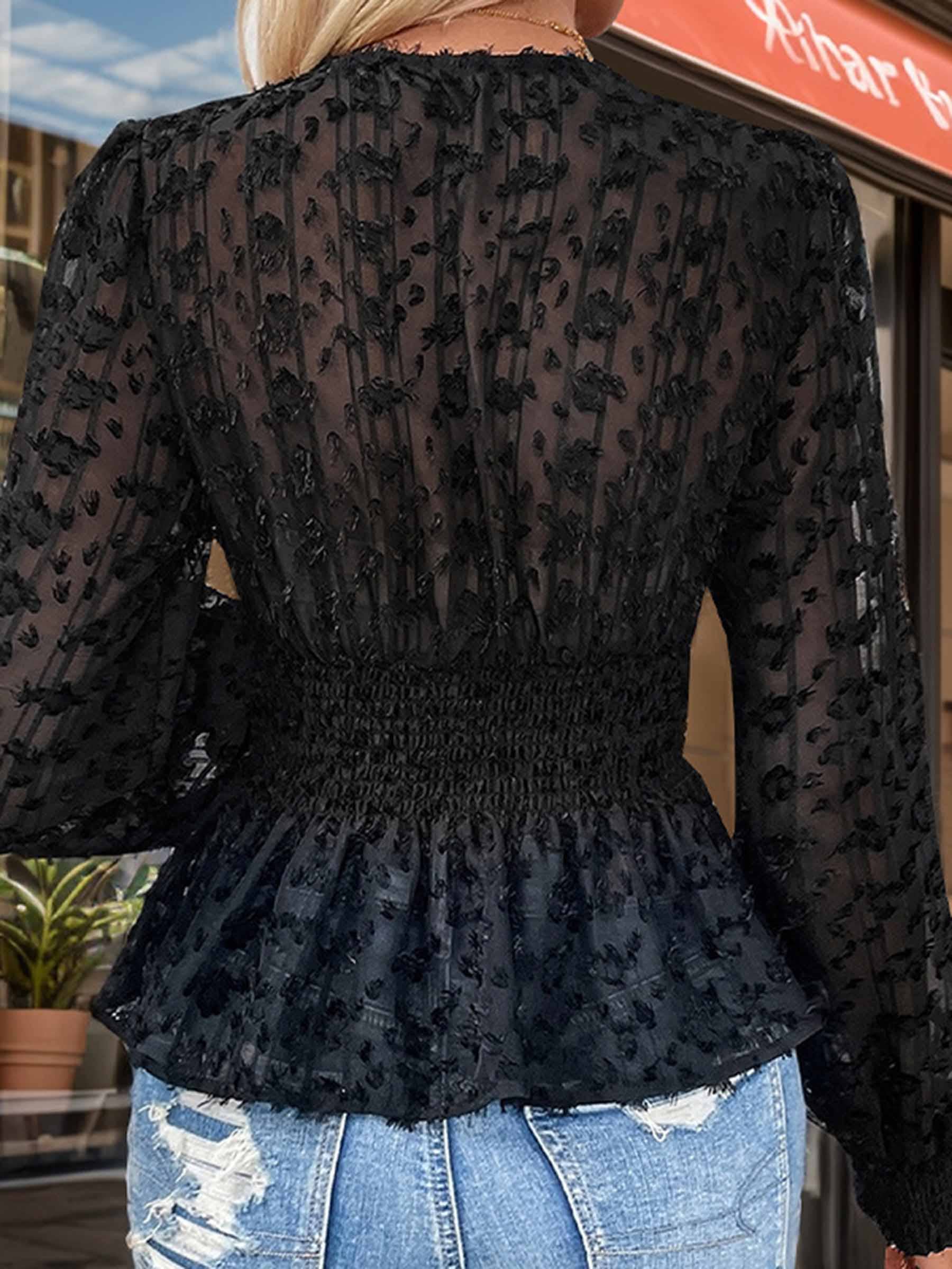 Black V-neck Long Sleeved Mesh Shirt for wholesale on Faire2