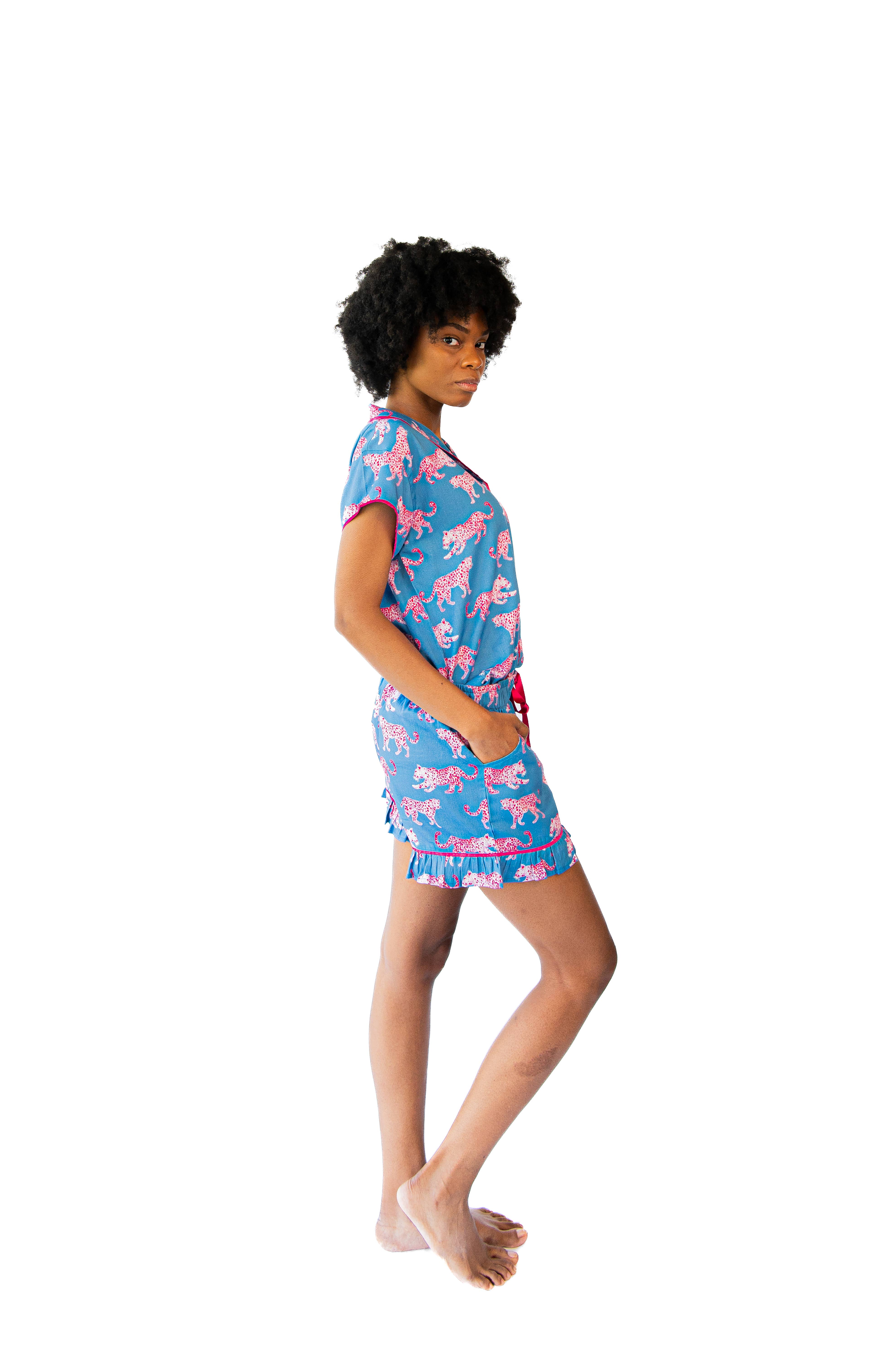 Pink Leopards Luxe Ruffled Pajama Summer Set - Blue & Pink for wholesale on Faire5