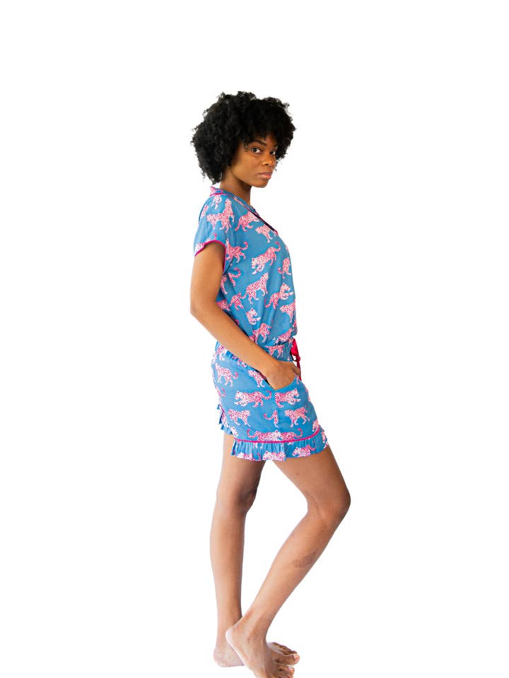 Pink Leopards Luxe Ruffled Pajama Summer Set - Blue & Pink for wholesale on Faire5