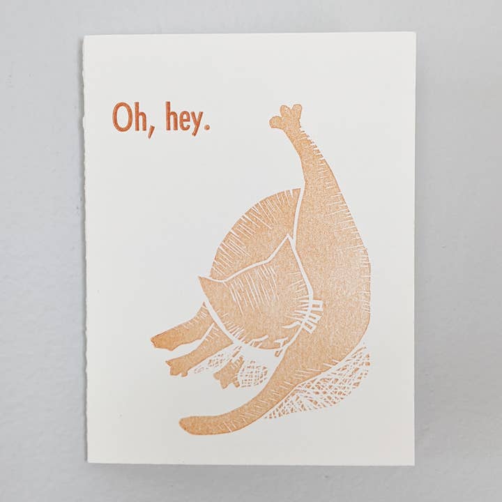 Oh, Hey. Cat Cleaning Itself Hand Printed Letterpress Card for wholesale by MillerMakerStudio