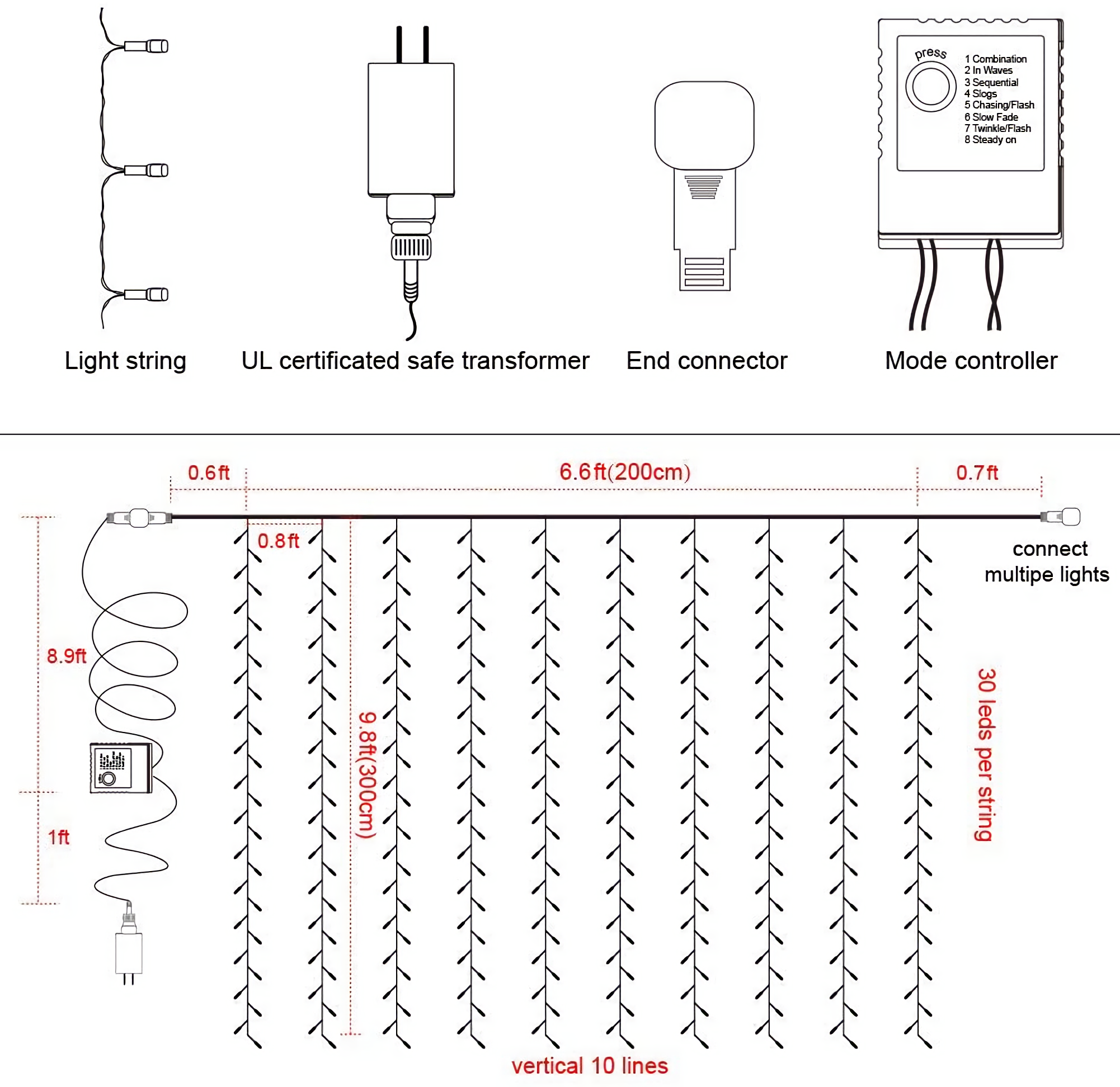YI LIGHTING LLC - Wholesale String Lights - 6.6ft x 9.8ft LED Curtain String Light 300-LED with Remote7