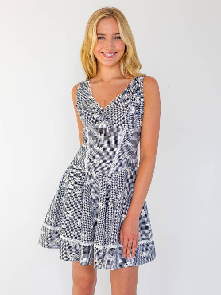 Gingham Floral Mini Dress with Scalloped Neck (Maisie Dress) for wholesale by KESTAN