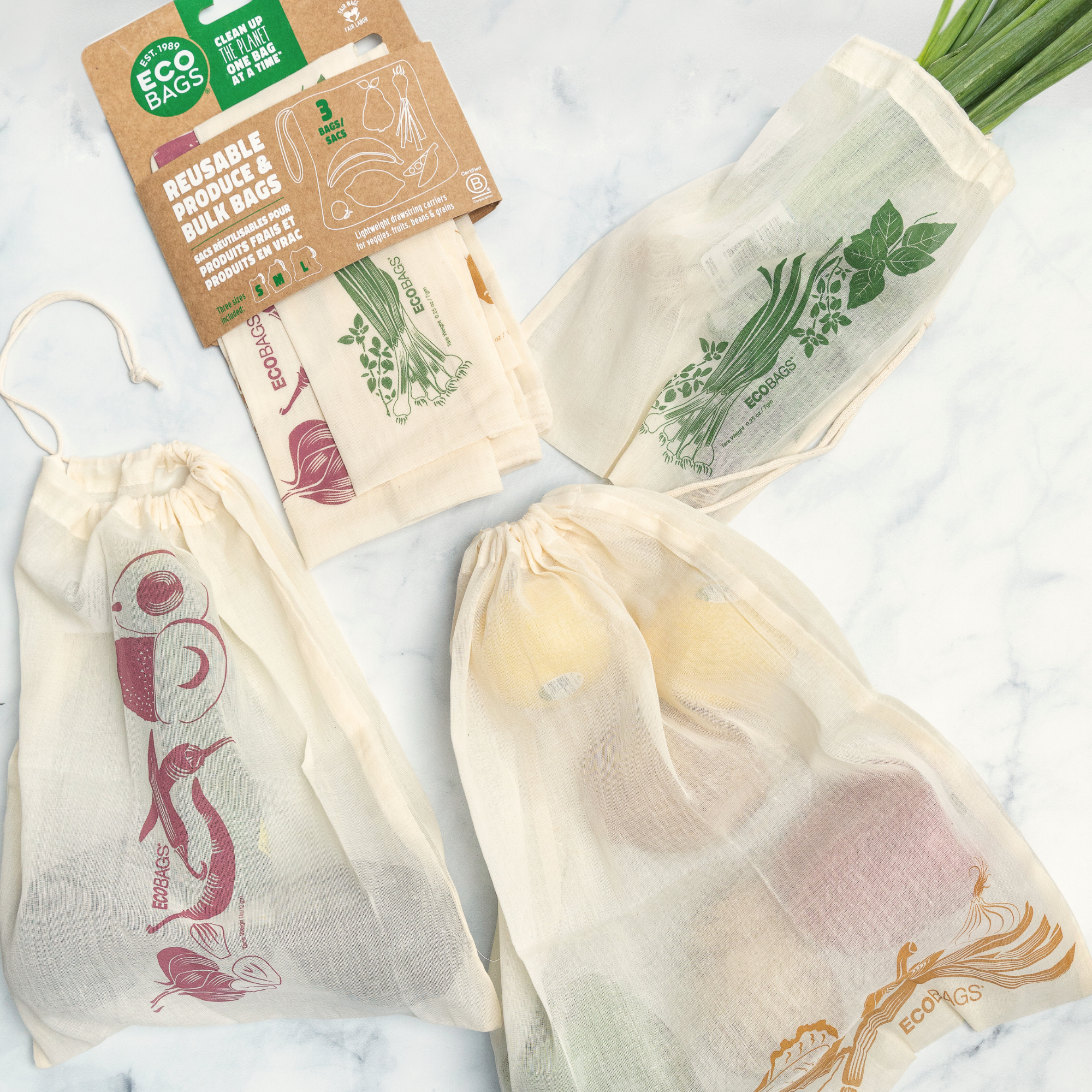 ECOBAGS - Wholesale Kruidenierswinkel/boodschappentas - Herbruikbare groentezakken van biologisch katoen met print - 3 stuks1