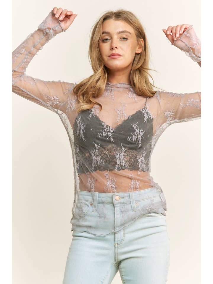 Sweet Generis - Wholesale Knit Top - Women's - MESH LACE HIGH NECK DESIGN LONG SLEEVE FITTED TOP38