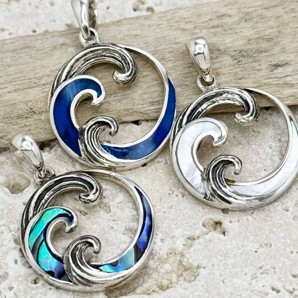 Sterling Silver Small Wave Pendant, Colorful Shell In lay for wholesale by Goddess Design Studio