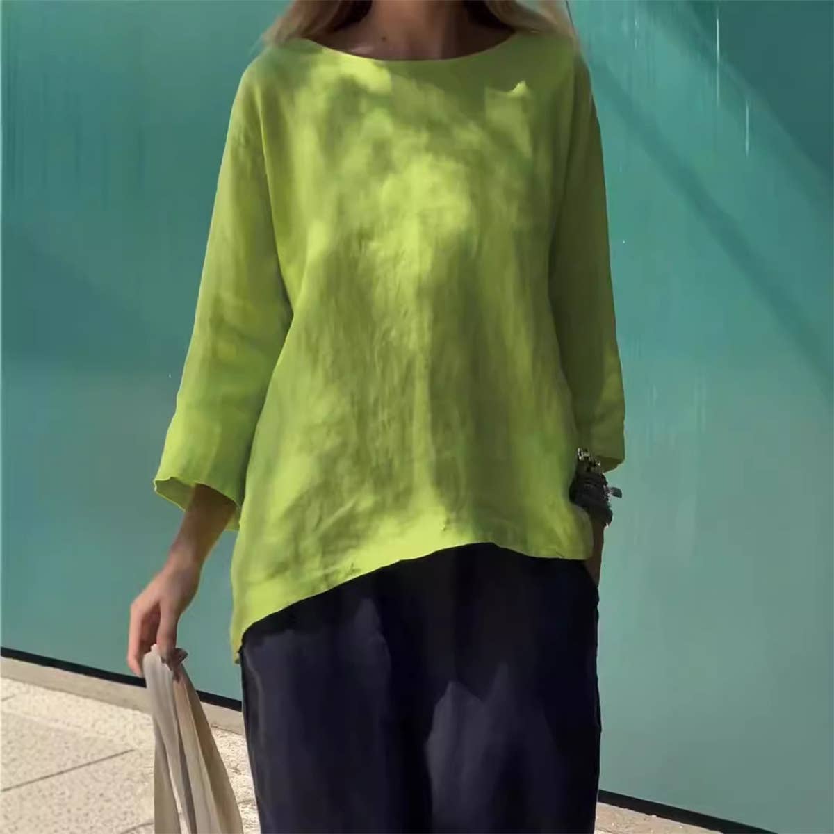 Lily Clothing - Wholesale Blouse - Women's - Nine-quarter sleeve round-neck cotton linen top0