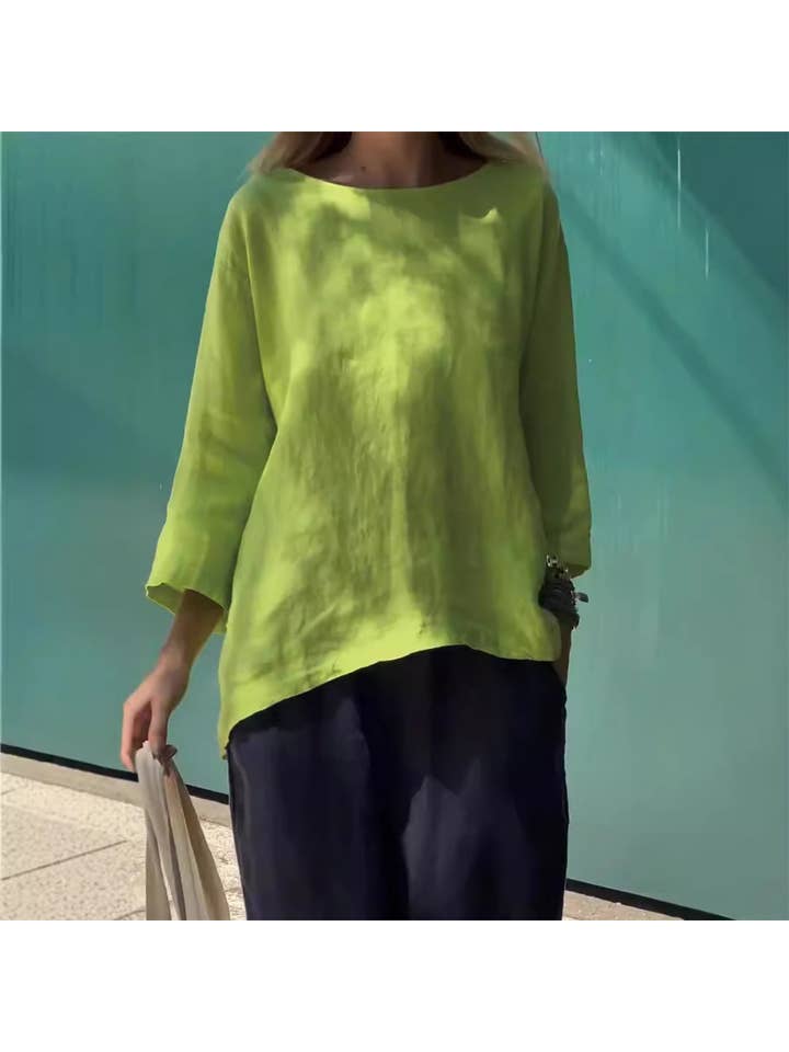 Lily Clothing - Wholesale Blouse - Women's - Nine-quarter sleeve round-neck cotton linen top