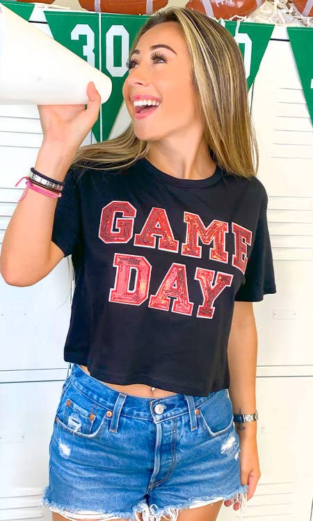 Sugar Stitch - Wholesale T-Shirt - Women's - Game Day Sequin Graphic Crop Top Shirt