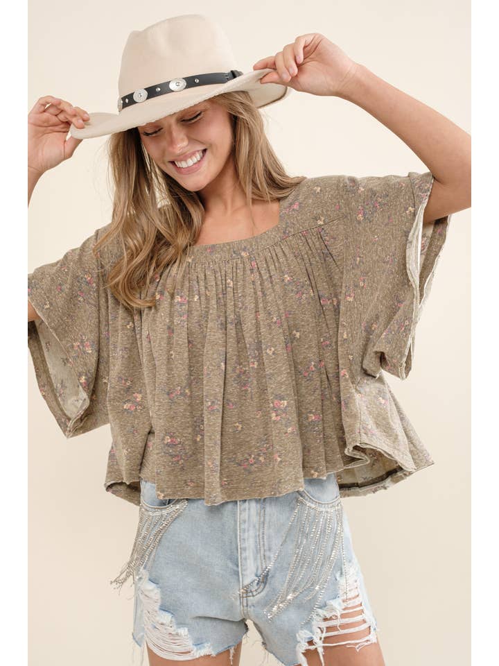 LIGHT OLIVE 22105T - Garment Washed Shirred Crop Jersey Knit Top for wholesale on Faire1