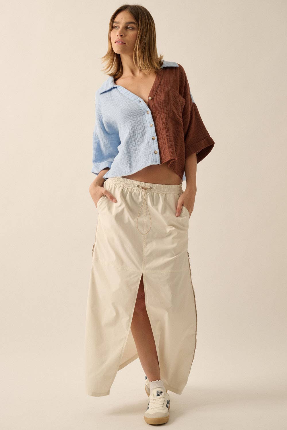 Promesa USA - Vendita all'ingrosso Camicia button down - Donna - Camicia con orlo grezzo in cotone increspato a blocchi di colore14