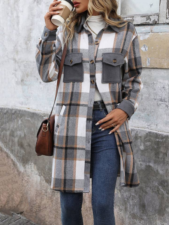 Suhkasana - Wholesale Shirt Jacket/Shacket - Women's - Plaid Shirt Jacket for Women - Long Button Front Coat14