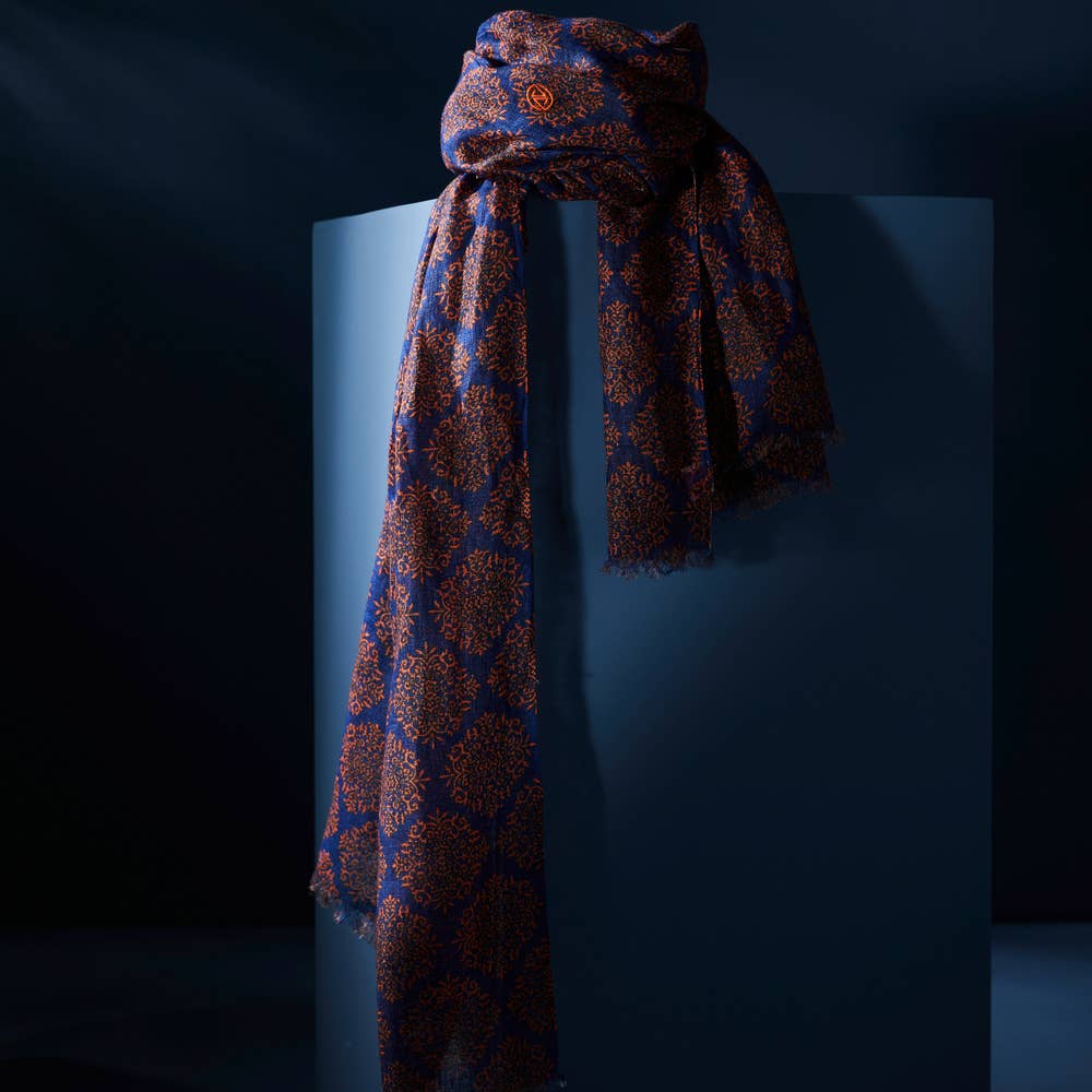 AV08 PARIS - Wholesale Scarf - Men's - KARIJINI PARK MEN'S SCARF – LINEN, BLUE AND ORANGE PRINT1