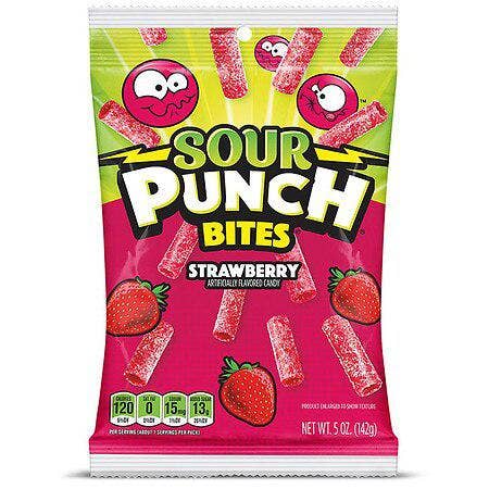 Sour Punch 5 Oz Strawberry Bites Peg Bag for wholesale by Long Island Candy Factory