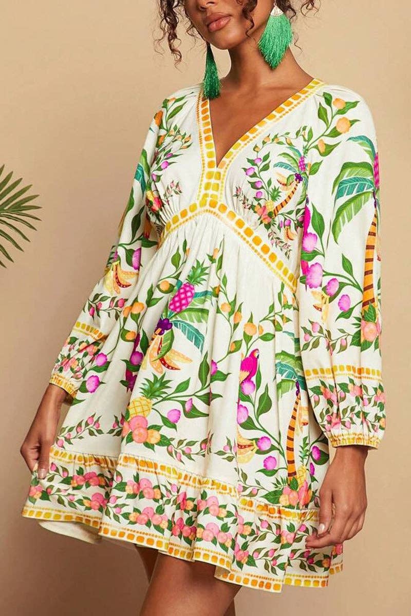 GREEN Tropical Print V-Neck Casual Dress for wholesale on Faire2
