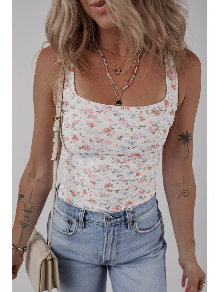 White LDC Floral Textured Square Neck Sleeveless Bodysuit for wholesale on Faire