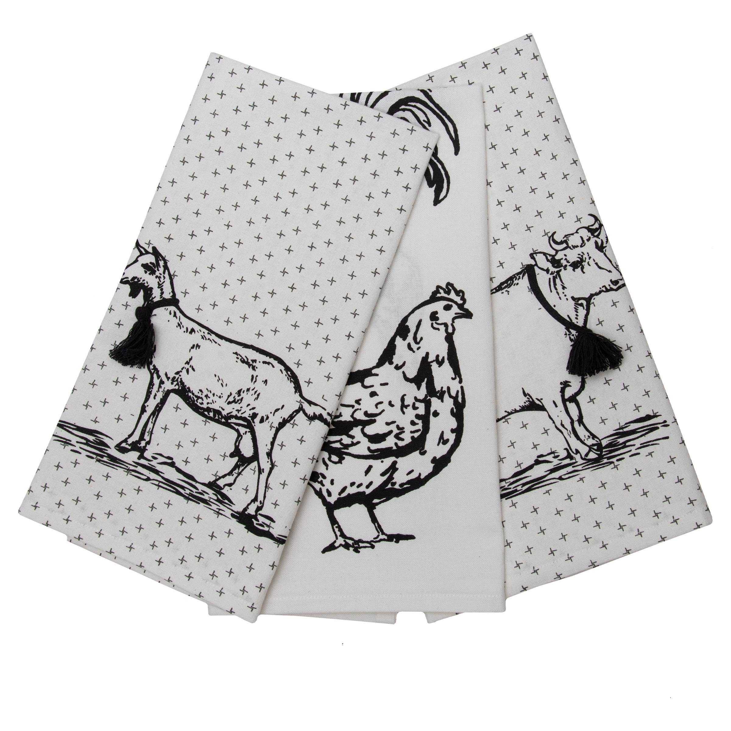 Foreside Home & Garden - Wholesale Tea Towel - Logan Set 3 Farm Design Kitchen Tea Towel with Tassels1