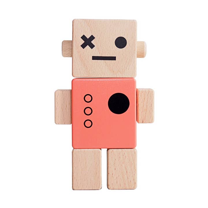 Houten speelgoed - Babyrobot in koraalkleur voor wholesale door Briki Vroom Vroom