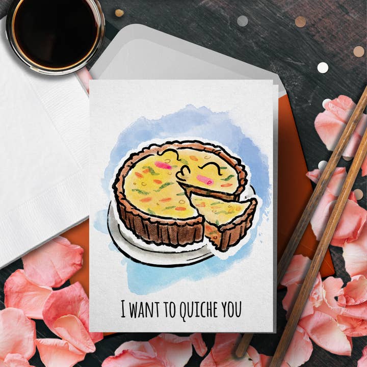 "Want to Quiche You "Cute Couple Valentines Anniversary Card for wholesale by Aaron Millard Illustration