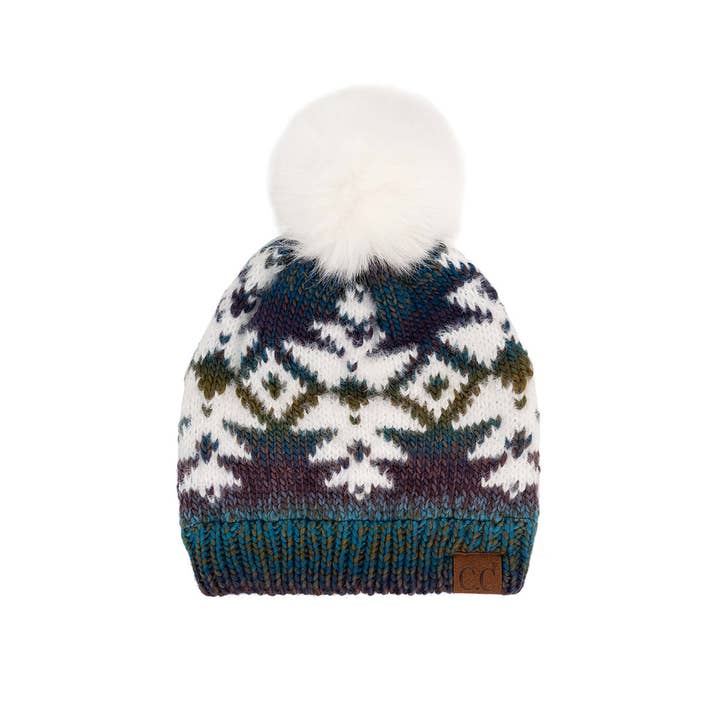 Truly Contagious - Wholesale Beanie - Women's - CC Beanie Wholesale Multi Yarn Aztec Beanie Hat with Ivory Faux Fur - HAT-2093 - Contagious Wholesale