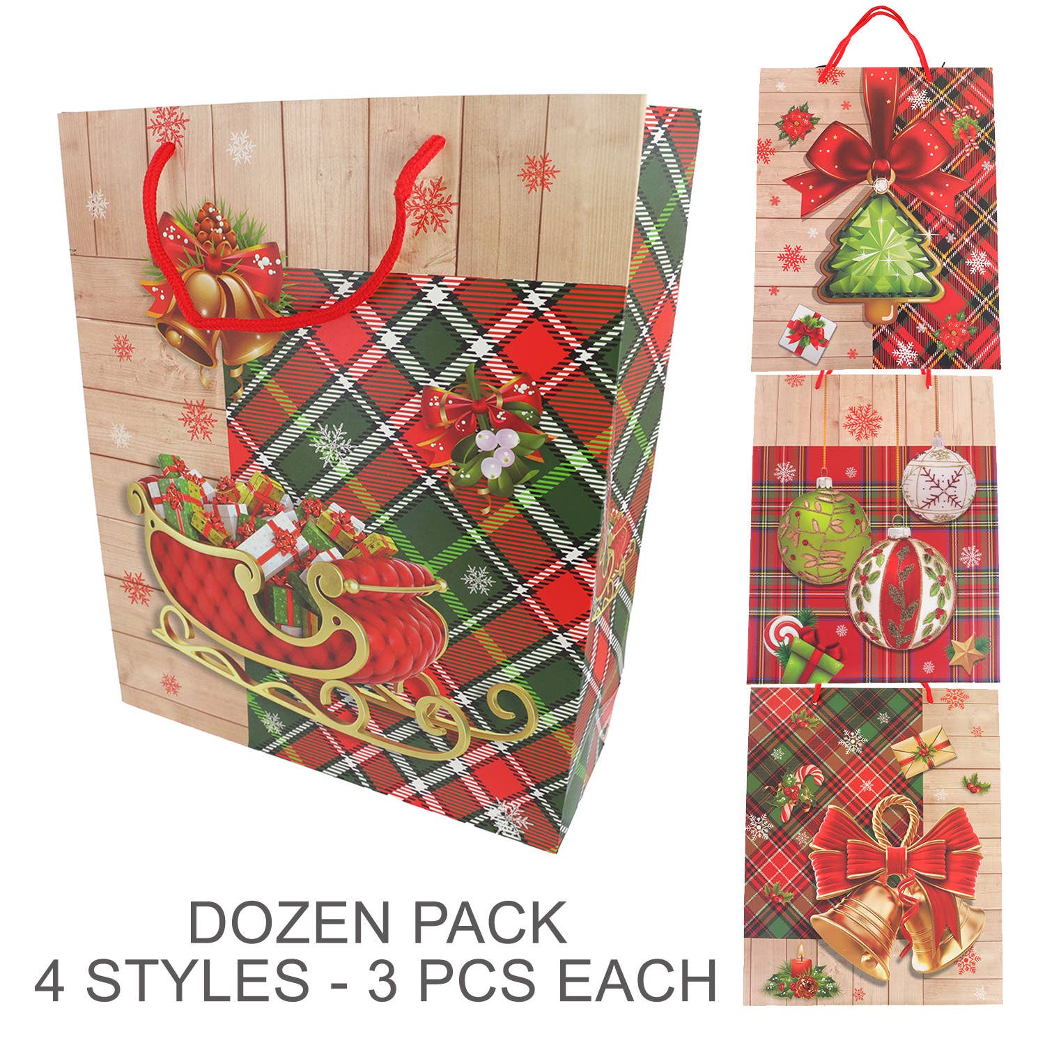 SP Sophia Collection - Wholesale Gift Bag Set/Pack - 12 pack Tartan Print Christmas Paper Gift Bag 1