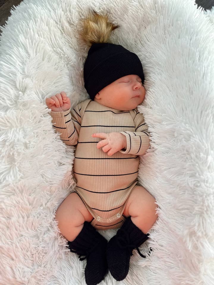 SIIX Collection - Wholesale Bodysuit (Non-Footed) - Baby - Tan/Black Stripe / Organic Ribbed Long Sleeve Bodysuit