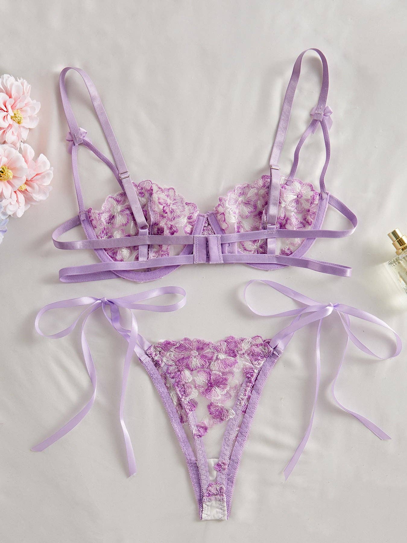 Purple Ladies Embroidery Floral See Througn 2PCS Lingerie Set SKLG4019 for wholesale on Faire2