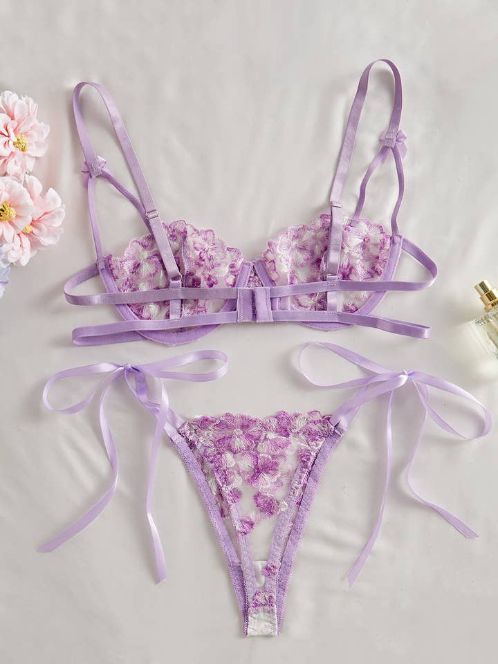 Purple Ladies Embroidery Floral See Througn 2PCS Lingerie Set SKLG4019 for wholesale on Faire2