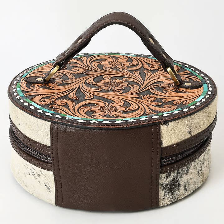 LS Western - Wholesale Jewelry Box/Organizer - ADBGA317 Hand-Tooled Round Hair-On Leather Jewelry Case Western Floral & Turquoise Inlay5