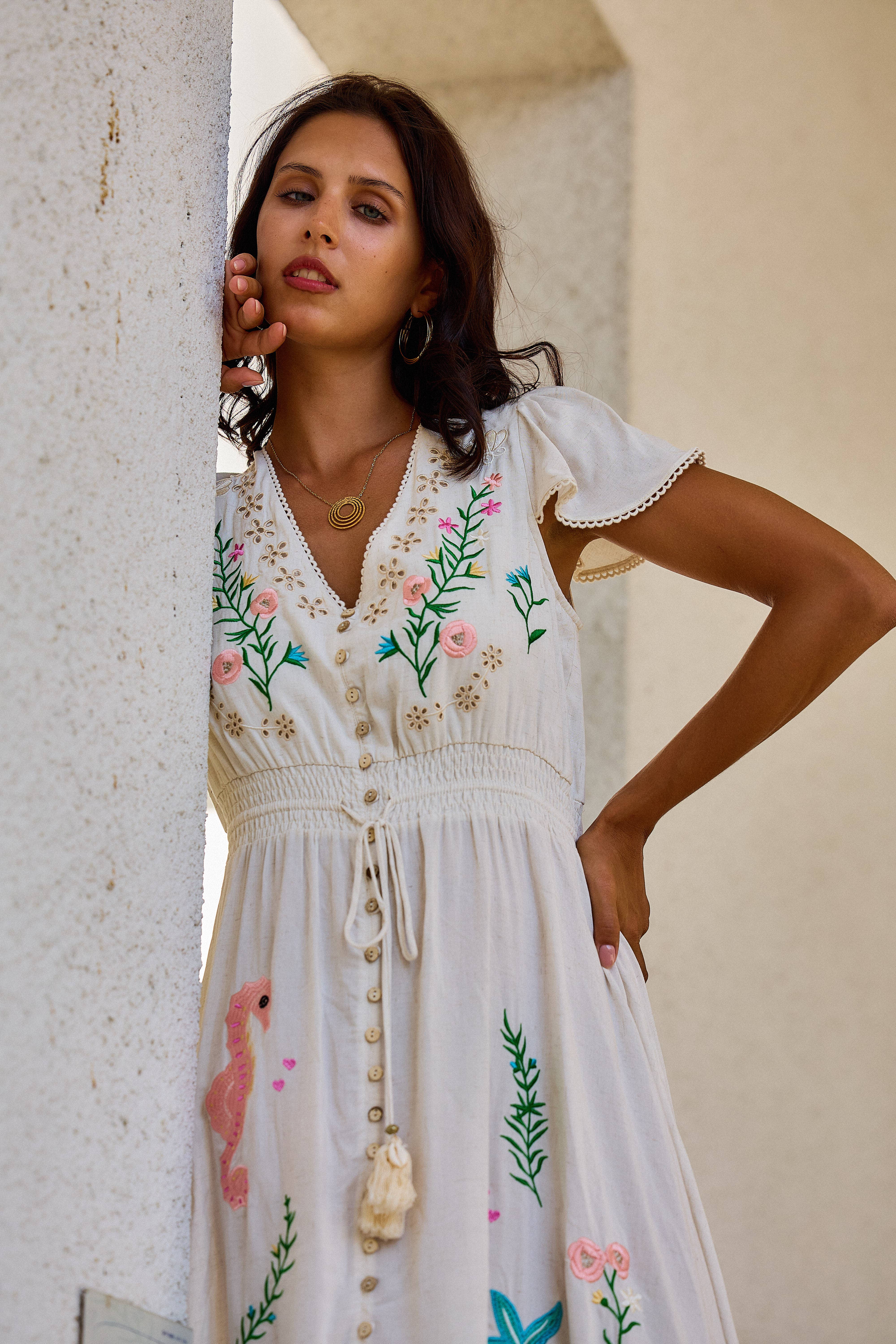 White Asymmetrical long dress with floral embroidery, v-neck for wholesale on Faire1