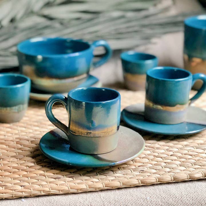 Los Artisans - Wholesale Coffee/Tea Cup - Green, Blue & Gold Coffee/Espresso Cup & Saucer Set5