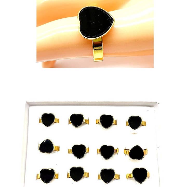 12pk Bold Black Heart Fashion Rings for wholesale by Diacly