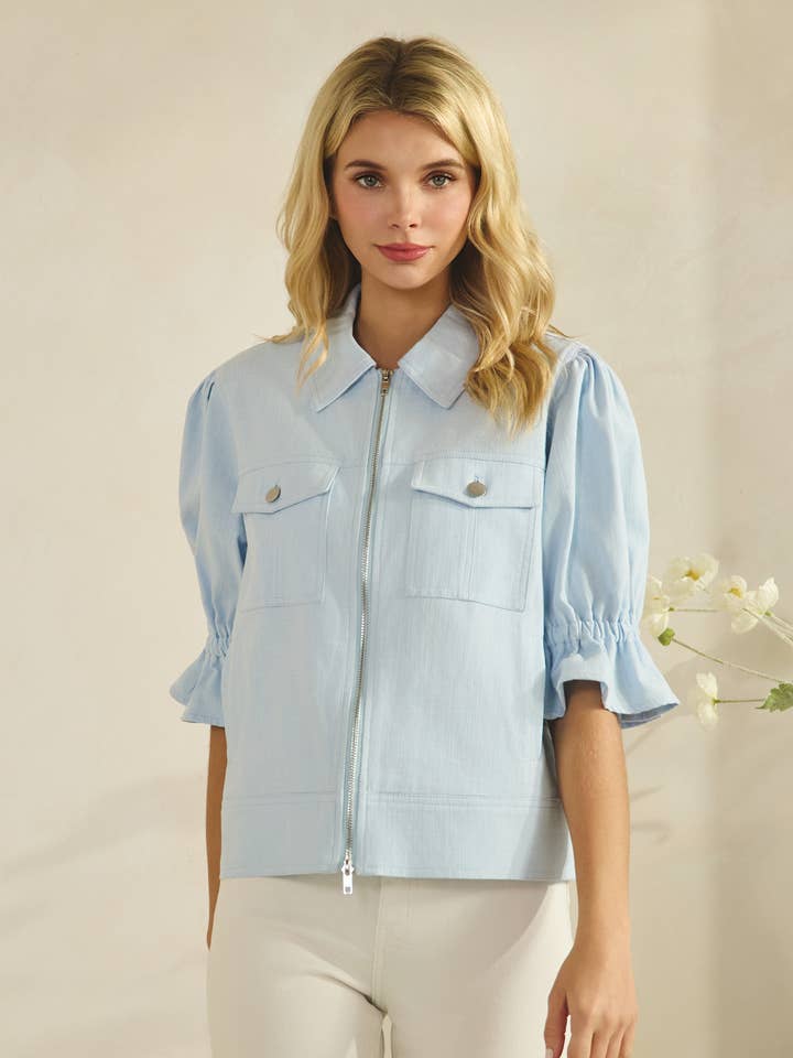 SELINE PUFF SLEEVE COLLARED ZIPPER FRONT JACKET for wholesale by Star Drop