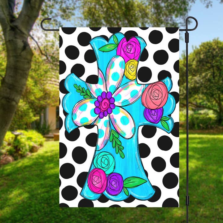 Colorful Floral Cross Garden Flag for wholesale by Painted Skies