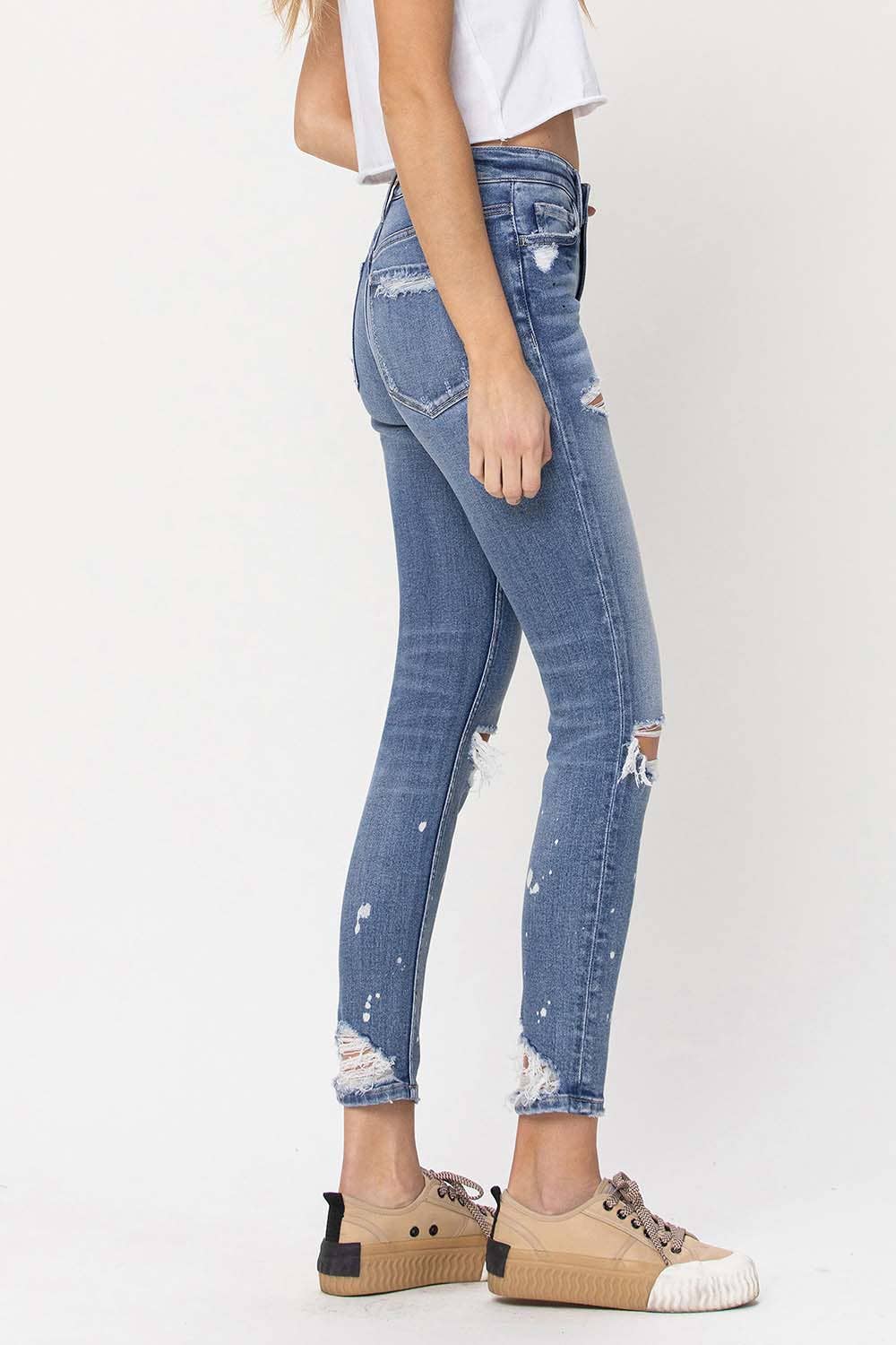 SEA SALT MID RISE DISTRESSED PAINT SPLATTER SKINNY JEANS F4159 for wholesale on Faire2