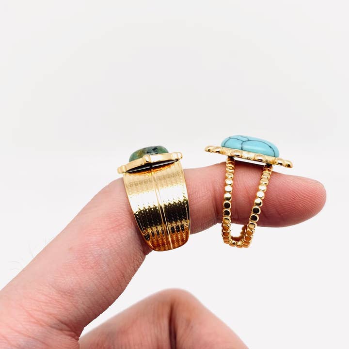 Mio Queena - Wholesale Cocktail/Statement Ring - 18K Gold Plated Stainless Steel Natural Stone Rings - FGS/CS7
