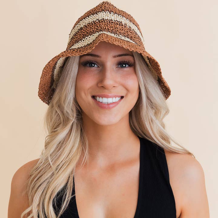 Leto Accessories - Wholesale Bucket Hat - Women's - Crochet Stitched Striped Pattern Bucket Hat11
