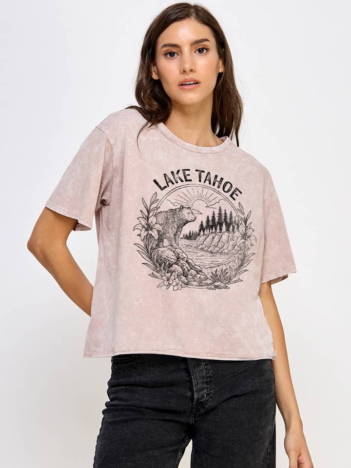 Lake Tahoe Graphic Mineral Washed Long Cropped T-Shirt for wholesale by Honestee
