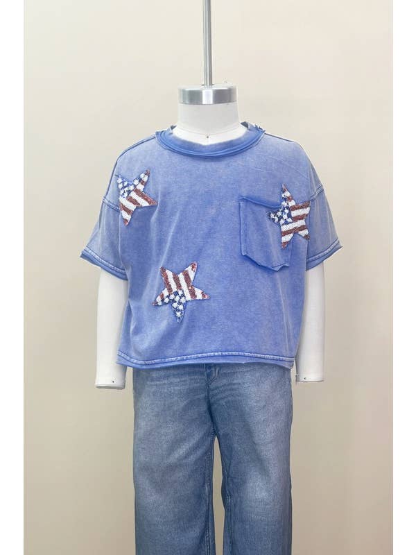 Oddi - Venta al por mayor Camiseta - Niños - Top infantil con estampado de lentejuelas con forma de estrella y bandera