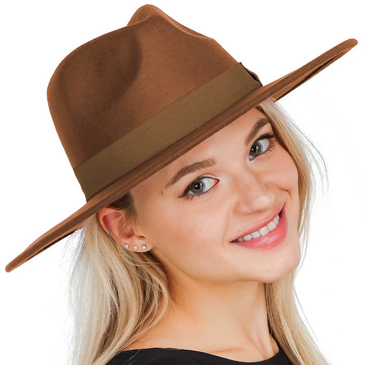Cap Zone – wholesale Fedora - Unisex – Wide Brim Monochrome Flat Bow Felt Rancher Hat11