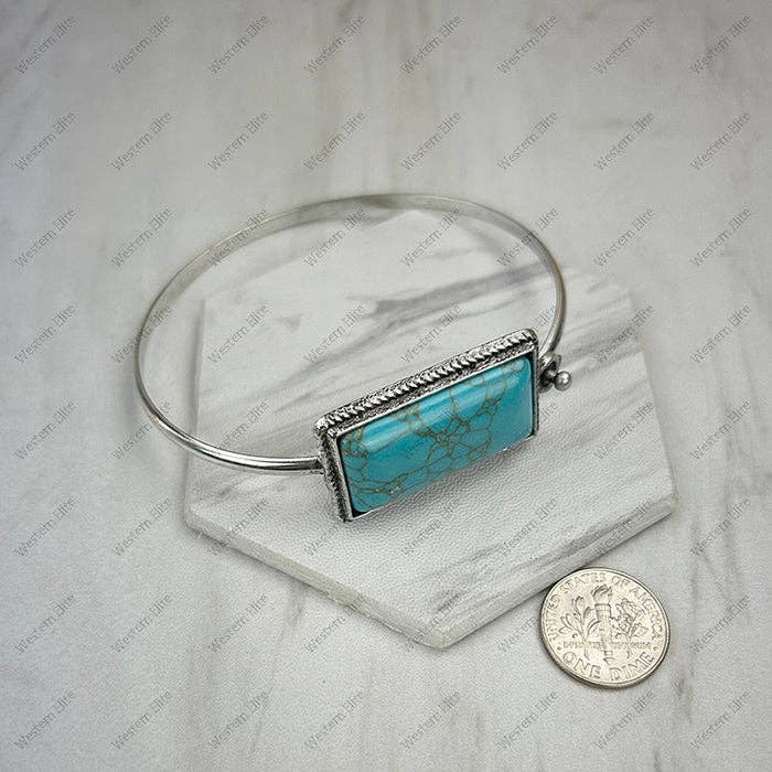 BR231205-02-BLUE Silver metal with blue turquoise stone bangle for wholesale by Western Elite Jewelry