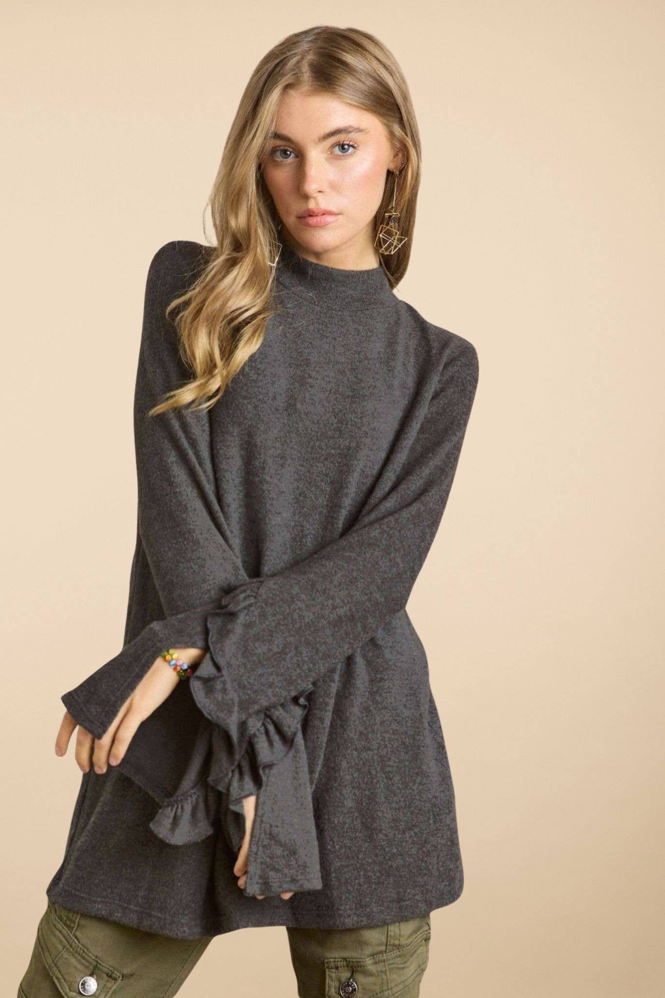 ADORA LA - Wholesale Tunic - Women's - MYT12499 -BRUSHED HACCI MOCK NECK RUFFLE TOP6