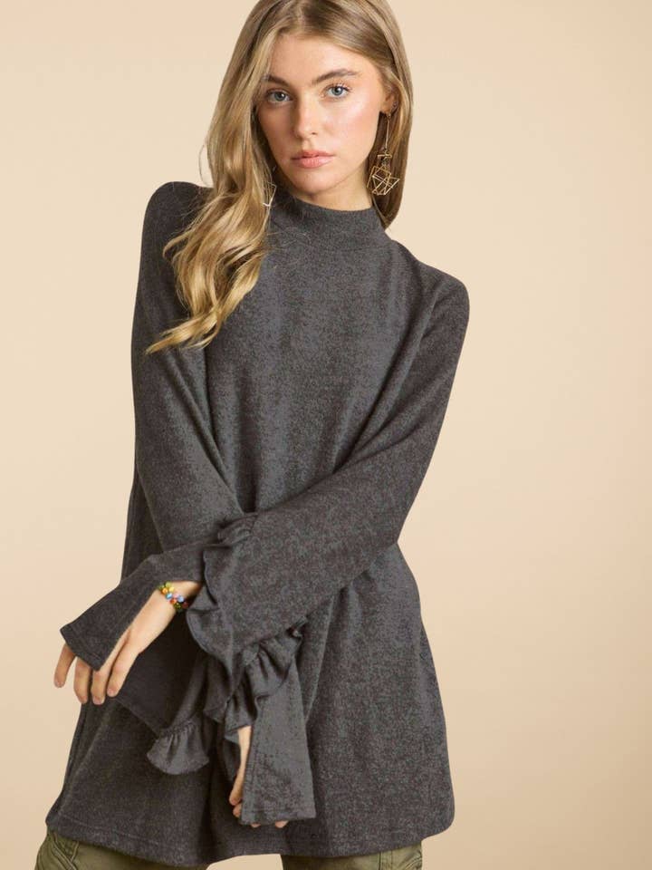 ADORA LA - Wholesale Tunic - Women's - MYT12499 -BRUSHED HACCI MOCK NECK RUFFLE TOP6